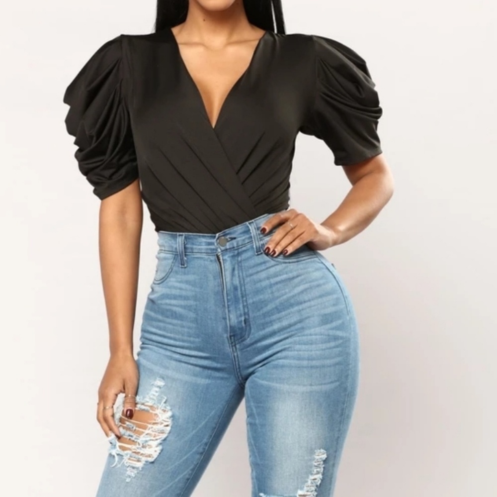 Black Body Suit Ruched Sleeve
